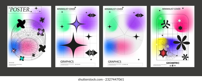 Futuristic retro minimalistic Posters with gradient color and strange wireframes graphic of geometrical shapes modern design brutalism 