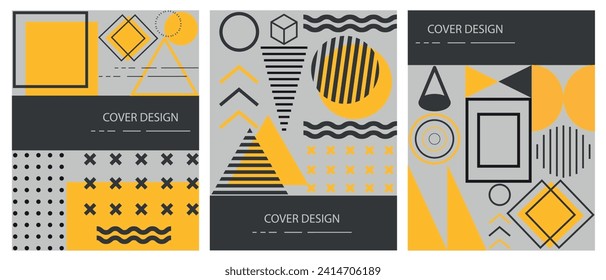 Futuristic retro minimalistic posters with simple geometric shapes forming graphics. Modern design, fashionable style in black and orange tones, inspired by brutalism. Vector.