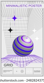 Futuristic retro poster. Abstract flyer with linear perspective grid, geometric shape, 3D sphere and strange wireframes. Design element for print. Minimalistic vector illustration in brutalism style