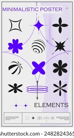 Futuristic retro poster. Modern flyer with set of abstract geometric shapes, linear wireframes and lettering. Design element for cover or banner. Minimalistic vector illustration in brutalism style