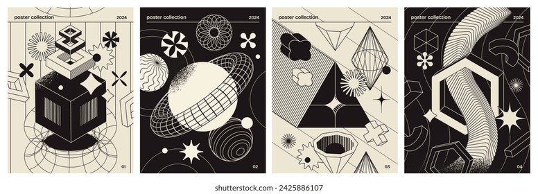 Futuristic retro posters with minimalist design, featuring geometric shapes disintegrating into particles and abstract wireframe figures. Modern and stylish graphics. Set of vector illustrations