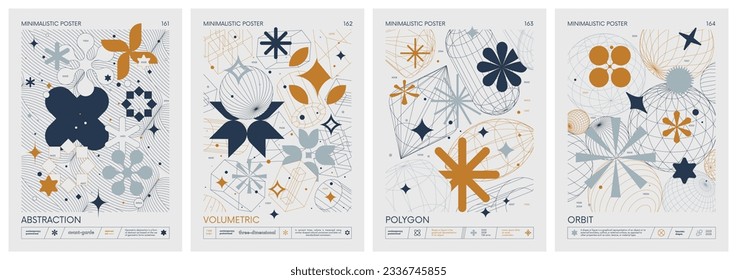 Futuristic retro vector color minimalistic Posters with 3d strange wireframes form graphic of geometrical shapes modern design inspired by brutalism and silhouette basic figures, set 41