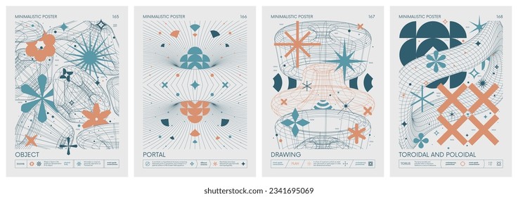 Futuristic retro vector color minimalistic Posters in pastel colors with 3d strange wireframes form graphic of geometrical shapes modern design inspired by brutalism and silhouette basic figures, set 