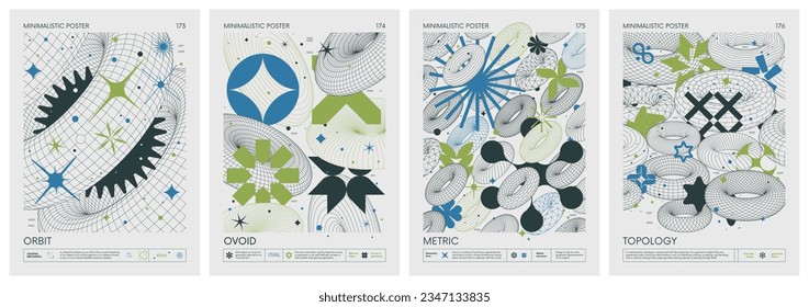Futuristic retro vector color minimalistic Posters in pastel colors with 3d strange wireframes form graphic of geometrical shapes modern design inspired by brutalism and silhouette basic figures, set 