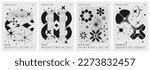 Futuristic retro vector minimalistic Posters with strange wireframes graphic assets of geometrical shapes modern design inspired by brutalism and silhouette basic figures, set 13
