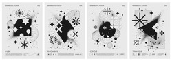 Futuristic Retro Vector Minimalistic Posters With Geometric Shapes Dissolve Into Dust And Strange Wireframes Graphic Figures, Modern Design Inspired By Brutalism And Silhouette Basic Figures, Set 14