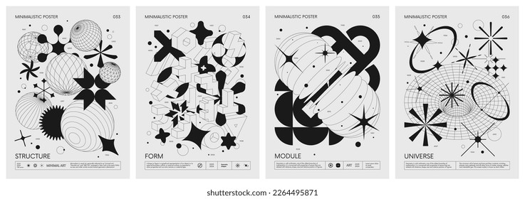 Futuristic retro vector minimalistic Posters with strange wireframes graphic assets of geometrical shapes modern design inspired by brutalism and silhouette basic figures, set 9