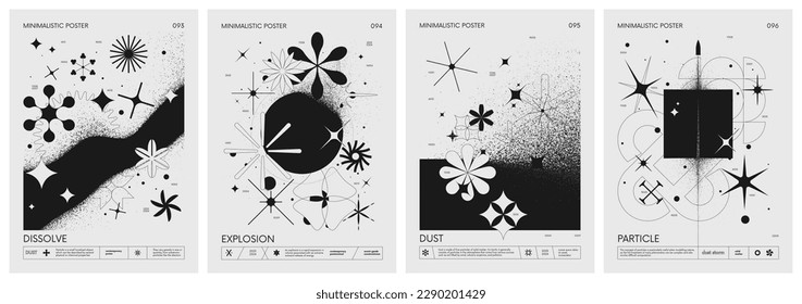 Futuristic retro vector minimalistic Posters with geometric shapes dissolve into dust and strange wireframes graphic figures, modern design inspired by brutalism and silhouette basic figures, set 24