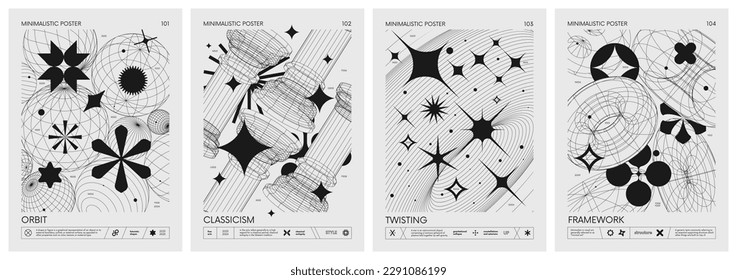 Futuristic retro vector minimalistic Posters with 3d strange wireframes form graphic of geometrical shapes modern design inspired by brutalism and silhouette basic figures, set 26