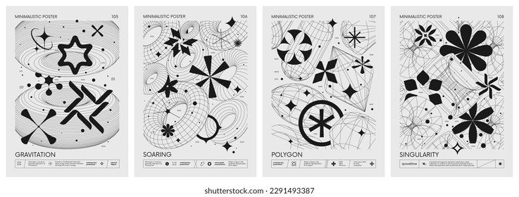 Futuristic retro vector minimalistic Posters with 3d strange wireframes form graphic of geometrical shapes modern design inspired by brutalism and silhouette basic figures, set 27