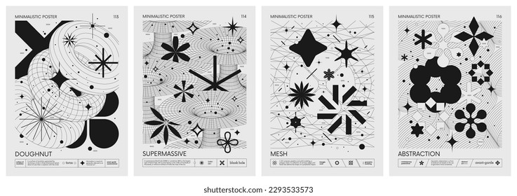 Futuristic retro vector minimalistic Posters with 3d strange wireframes form graphic of geometrical shapes modern design inspired by brutalism and silhouette basic figures, set 29