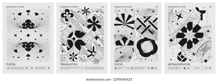 Futuristic retro vector minimalistic Posters and 3d strange wireframes form graphic geometrical shapes modern design inspired by brutalism   silhouette basic figures  set 31