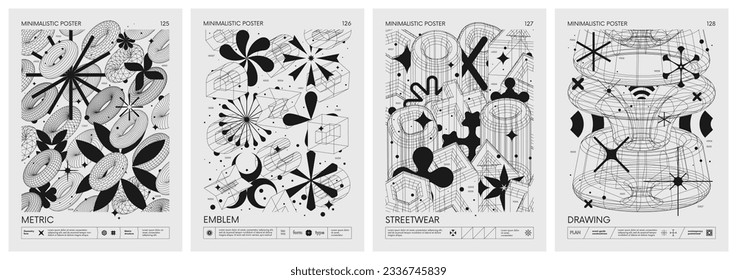 Futuristic retro vector minimalistic Posters with 3d strange wireframes form graphic of geometrical shapes modern design inspired by brutalism and silhouette basic figures, set 32