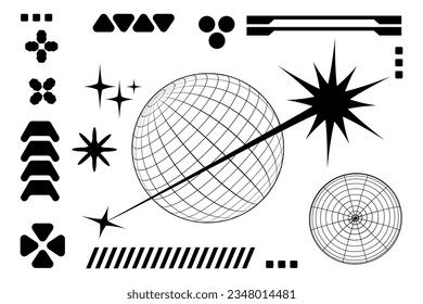 Futuristic retro vector minimalistic Posters with strange wireframes graphic assets of geometrical shapes modern design inspired by brutalism