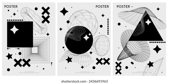 Vector retro futurista minimalista Pósters con extraños wireframes activos gráficos de formas geométricas. Diseño y2k moderno. Figuras de líneas negras surrealistas y geometría circular.