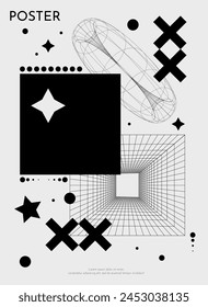 Futuristic retro vector minimalistic Posters with strange wireframes graphic assets of geometrical shapes. Modern y2k design. Surreal black line and cicrle geometry figures.