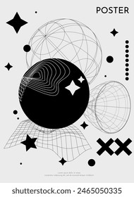 Futuristic retro vector minimalistic Posters with strange wireframes graphic assets of geometrical shapes. Modern y2k design. Surreal black line and cicrle geometry figures.