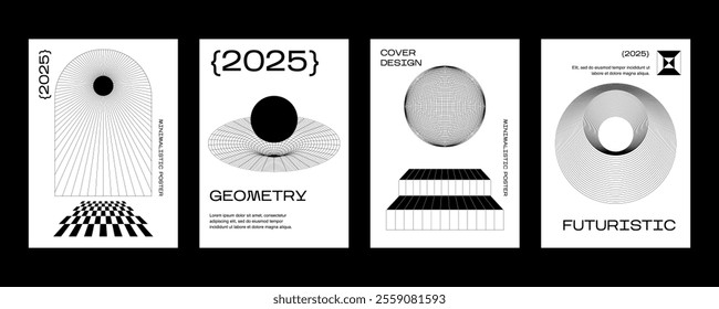 Futuristic retro vector minimalistic Posters with strange wireframes graphic assets of geometrical shapes modern design inspired by brutalism and silhouette basic figure.