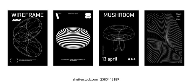 Futuristic retro vector minimalistic Posters with strange wireframes graphic assets of geometrical shapes modern design inspired by brutalism and silhouette basic figure.