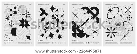 Futuristic retro vector minimalistic Posters with strange wireframes graphic assets of geometrical shapes modern design inspired by brutalism and silhouette basic figures, set 9 Foto d'archivio © 