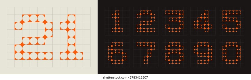 Futuristic retro-inspired numbers with modular geometric shapes. The typography blends circle-like structure connected to each other on grid. Design for digital art, branding or typography