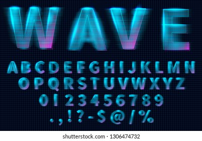 Futuristic retrowave font. HUD hologram letters, numbers and symbols, synthwave and retrowave music