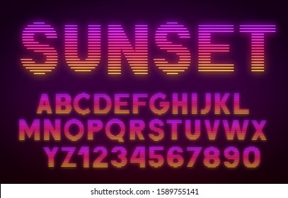 Futuristic Retrowave Font. Striped Gradient Glowing Letters And Numbers On Dark Background.