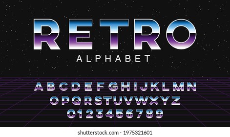 Futuristic retrowave font  Striped gradient metallic letters   numbers space background  Sci  fi alphabet in retro 80's style  Synth Wave ABC 