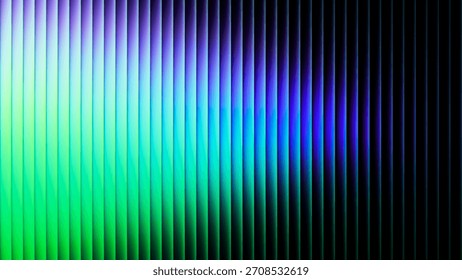 Líneas estriadas futuristas llenas de gradiente luminoso que se dispersa a través de la geometría de la Vertical. Vidrio de Fractal con gradiente brillante que se extiende del verde brillante al azul más fresco para el diseño moderno