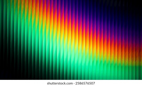 Futuristic ribbed texture with fractal glass effect and smooth fluted vertical lines of rainbow neon gradient. Bold and dynamic design blending bright colors and geometry visuals. Vector illustration