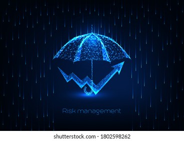 Futuristic risk management concept with glowing low polygonal umbrella and chart arrow a on dark blue background. Modern wireframe mesh design vector illustration.
