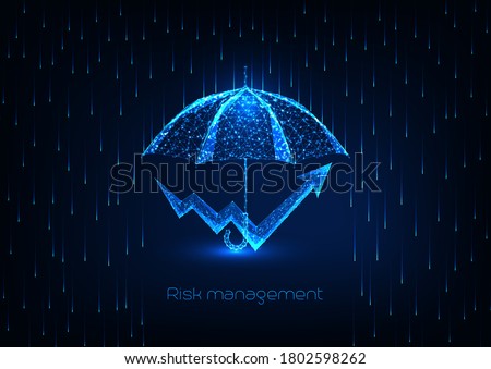 Futuristic risk management concept with glowing low polygonal umbrella and chart arrow a on dark blue background. Modern wireframe mesh design vector illustration.
