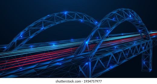 Futuristic road bridge. Freeway. The effect of night lights. Low-poly construction of thin interlocking lines and dots. Blue background.