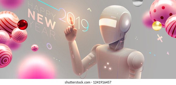 Robô futurista com efeitos de Ano Novo 2019 para conceito de inteligência artificial de férias. Tecnologias de aprendizado de máquina para negócios. Codificação e desenvolvimento de aplicativos. Ilustração vetorial EPS10.