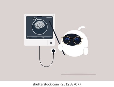 A futuristic robot analyzes its own brain x-ray using advanced technology in a modern laboratory setting, showcasing the harmony of artificial intelligence and medical science