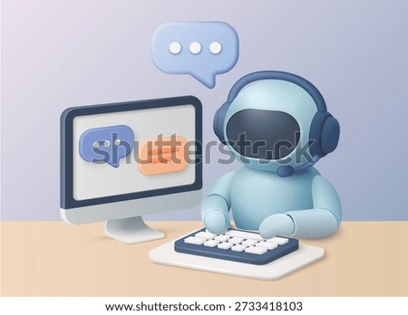 Futuristic robot assistant with headset typing on keyboard, providing online support and communication at a modern desk with chat bubbles, vector illustration