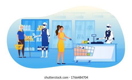 Futuristic robot assistants in a supermarket Android helper carefully helps elderly grandmothers to choose the product Another robot salesman punches the goods at the checkout Flat Vector Illustration