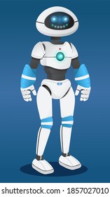 Robot futurista de fondo azul, inteligencia artificial. Modelo innovador humanizado de robot. Androide sonriente y realista con las manos. Ciencia cibernética. Diodo electrónico con sensores y lámparas