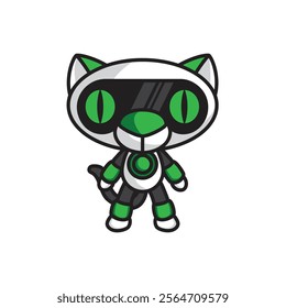 futuristic robot cat character with green and white colors, large green eyes, and a sleek design, making it interesting for its blend of robotic and feline features