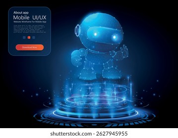 A futuristic robot character with glowing features is centered in a digital space, surrounded by holographic interfaces, emphasizing mobile app design and user experience.