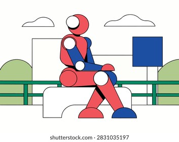 Futuristic Robot Character Sitting on a Park Bench Vector Illustration