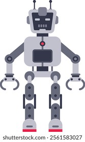 Futuristic robot character standing still with claw hands, antennas and red highlights on white background, artificial intelligence concept in flat design style