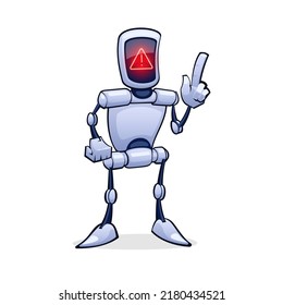 Futuristic Robot Character Warns of Danger. Red glowing exclamation mark on the screen.
