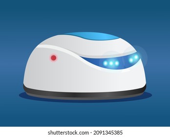 Futuristic robot cleaner with sensors lamps eyes. Artificial intelligence, innovative model of robot for cleaning. White android with internet connection, cybernetic science, electronic creature