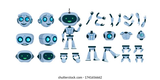 Futuristic robot constructor flat icon set. Cartoon android character design isolated vector illustration collection. Electronic equipment and humanoid animation concept