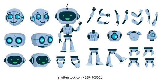 Futuristic robot constructor flat icon set. Cartoon android character design isolated vector illustration collection. Electronic equipment and humanoid animation concept