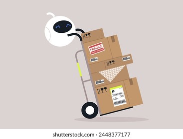 Futuristic Robot Delivers a cart of Packages Effortlessly, A sleek bot balances a stack of cardboard boxes on a dolly, ready for delivery