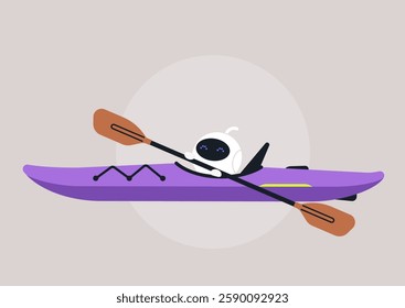 A futuristic robot, designed for aquatic exploration, paddles diligently in a vibrant purple canoe, The calm water reflects the serenity of nature amid gentle movements