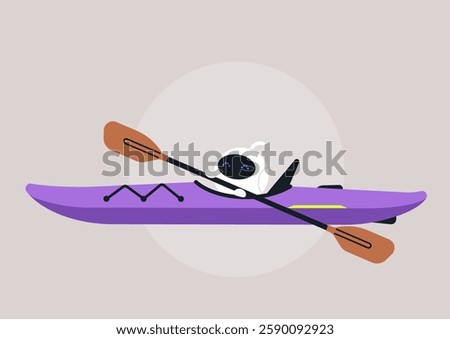 A futuristic robot, designed for aquatic exploration, paddles diligently in a vibrant purple canoe, The calm water reflects the serenity of nature amid gentle movements