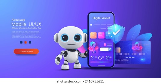 Futuristic Robot with Digital Wallet Interface on Smartphone Screen - Secure Mobile Banking Concept. Fintech financial technology online payment digital economy concept. Vector illustration